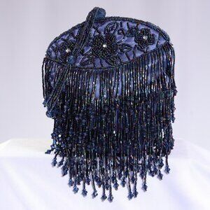 Vintage-Style Beaded Fringe Evening Bag Wristlet – Navy Blue